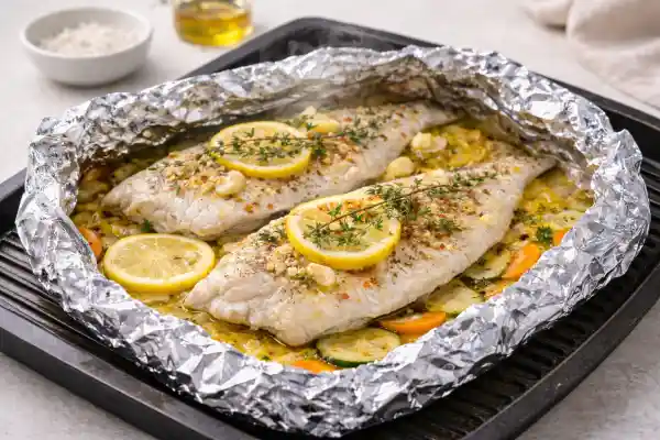 Dorada al papillote al horno sobre cama de calabacín, zanahoria y cebolla, con rodajas de limón y tomillo, foto luminosa y realista