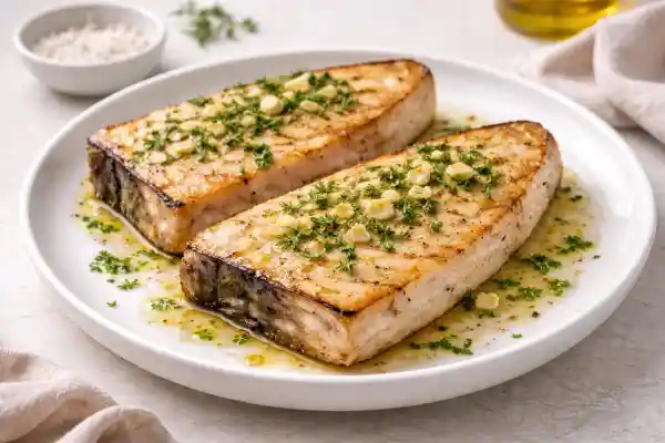 Pez espada a la plancha dorado por fuera y jugoso por dentro, servido en plato blanco con ajo y perejil, fondo neutro, luz natural