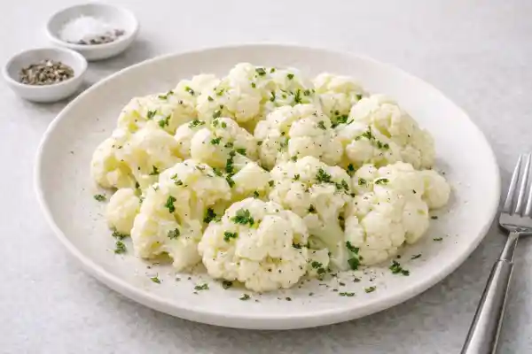 Coliflor hervida en ramilletes, tierna pero firme, servida en plato con sal y pimienta, foto luminosa y realista