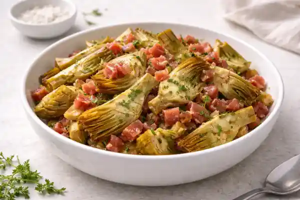 Alcachofas con jam&oacute;n serrano salteadas con ajo y aceite de oliva, servidas en bol blanco con luz natural y fondo neutro