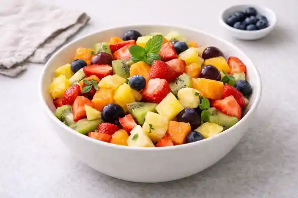 Fruta de temporada troceada en bol, fresca y colorida, servida con luz natural en fondo neutro