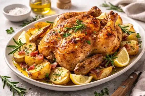 Pollo asado entero dorado con piel crujiente, servido en fuente blanca con patatas asadas y limón, luz natural y fondo neutro