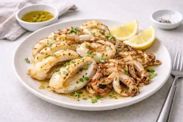 Jibia a la plancha dorada y tierna, servida en plato con un hilo de aceite de oliva y sal, fotografía luminosa en fondo neutro