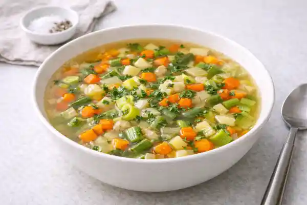 Sopa de verduras casera con pollo desmenuzado, verdura juliana y pasta, servida caliente en cuenco blanco con luz natural
