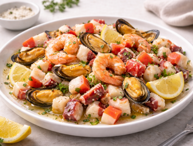 Marisco frío con gambas, mejillones, pulpo y surimi en plato blanco, con limón y perejil, foto realista muy luminosa y fondo neutro