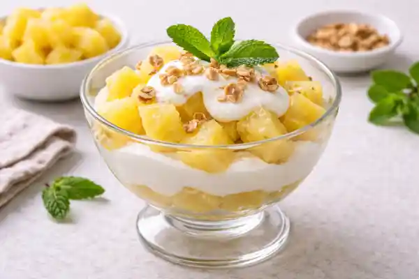 Pi&ntilde;a y yogur desnatado en cuenco, con dados de pi&ntilde;a fresca y yogur cremoso, fotograf&iacute;a luminosa en fondo neutro