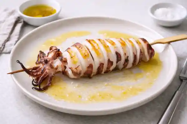 Calamar espetado a la plancha en brochetas, dorado y tierno, con sal gruesa sobre plato claro y fondo neutro