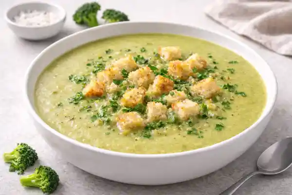 Crema de verdura suave en bol blanco con picatostes dorados y perejil, foto realista muy luminosa sobre fondo neutro