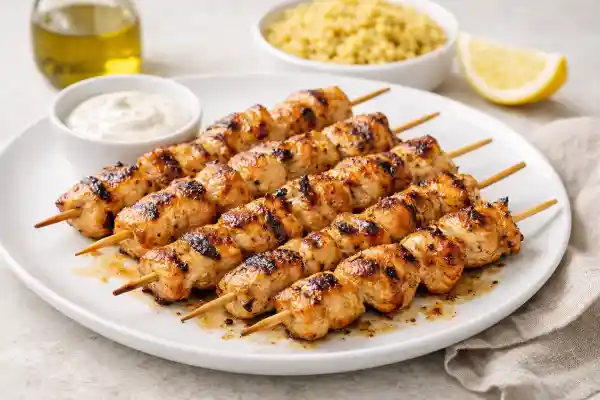 Pinchitos de pollo a la plancha en plato blanco, dorados y jugosos, con luz natural y fondo neutro.