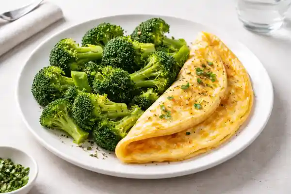 Brócoli al vapor servido con tortilla francesa jugosa y dorada, en plato blanco y luz natural, estilo gourmet y fondo neutro.