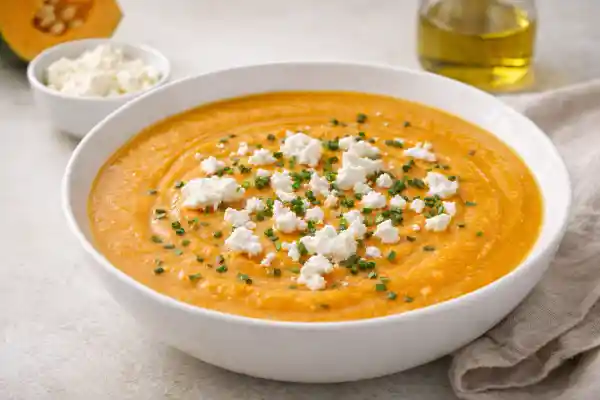 Crema de calabaza con queso fresco de cabra desmigado en cuenco blanco, textura cremosa y luz natural sobre fondo neutro.