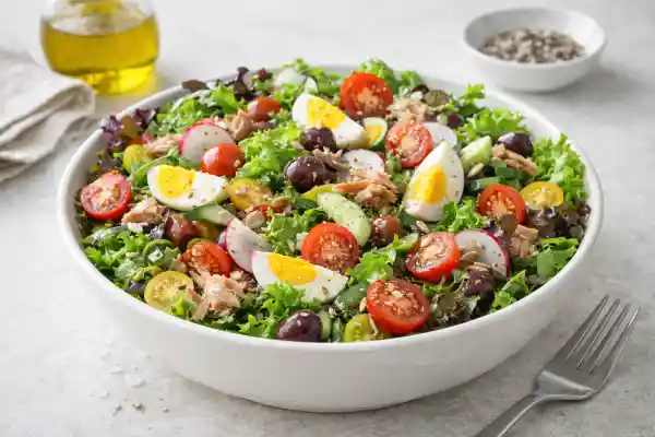 Ensalada mediterr&aacute;nea en bol blanco con verduras frescas y ali&ntilde;o, fotograf&iacute;a gourmet luminosa con fondo neutro.