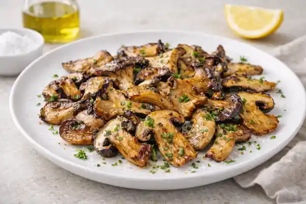 Setas a la plancha doradas y jugosas en plato blanco, con sal, pimienta y aceite de oliva, luz natural y fondo neutro.