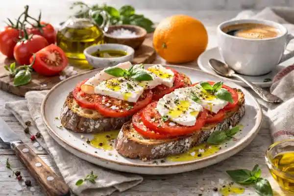 Desayuno saludable con rebanada de pan tradicional tostado, tomate y pavo, acompañado de café con leche en una mesa clara y luminosa.