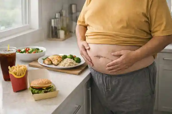 Persona con obesidad en cocina dom&eacute;stica comparando alimentaci&oacute;n poco saludable y dieta equilibrada, en contexto de trasplante de h&iacute;gado y cuidado hep&aacute;tico.