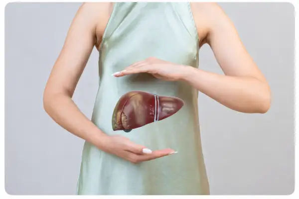 Mujer protegiendo la salud del hígado con sus manos sobre una ilustración de un hígado