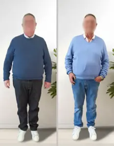 Comparativa antes y después de hombre tras proceso de mejora de hábitos con acompañamiento nutricional profesional.