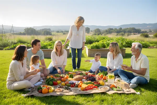Familia sentada sobre el césped compartiendo un picnic saludable con frutas y alimentos frescos en un entorno natural.