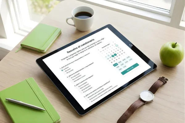 Tablet con cuestionario online en pantalla sobre escritorio de madera con agenda verde, taza de café, reloj y manzana cerca de una ventana.