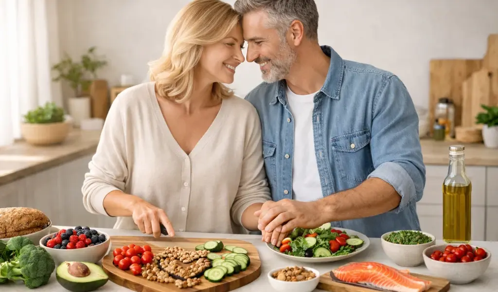 Pareja preparando comida saludable para cuidar el corazón en San Valentín