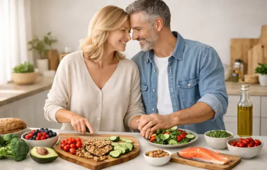 Pareja preparando comida saludable para cuidar el corazón en San Valentín