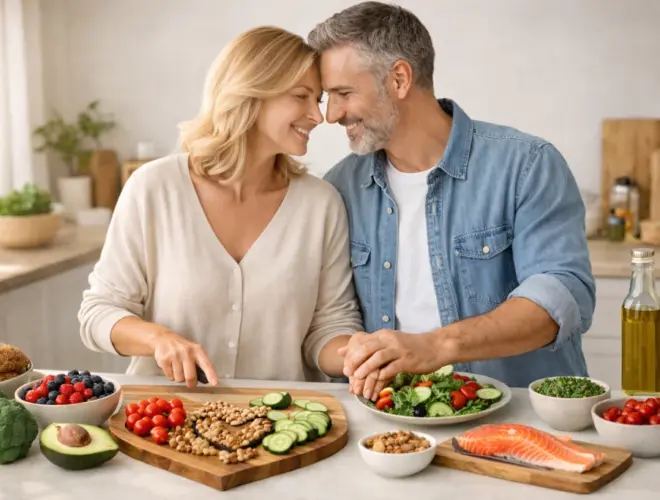 Pareja preparando comida saludable para cuidar el coraz&oacute;n en San Valent&iacute;n