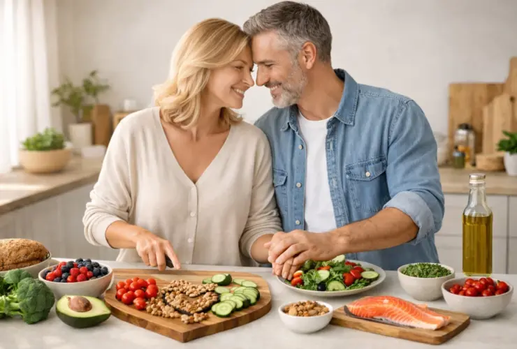 Pareja preparando comida saludable para cuidar el coraz&oacute;n en San Valent&iacute;n