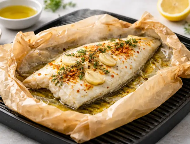 Dorada en papel de horno a la plancha con limón, ajo, tomillo y aceite de oliva