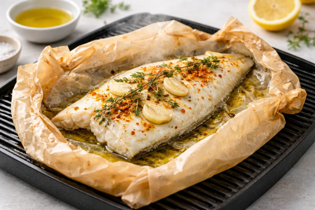 Dorada en papel de horno a la plancha con lim&oacute;n, ajo, tomillo y aceite de oliva