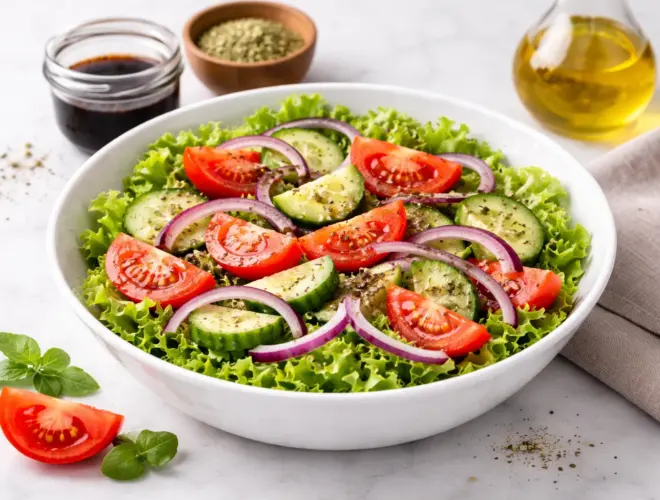 Ensalada muy f&aacute;cil con lechuga, pepino, zanahoria, cebolla y esp&aacute;rragos blancos, ali&ntilde;ada con aceite de oliva y vinagre bals&aacute;mico