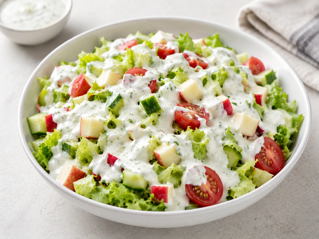 Ensalada con salsa de yogur con lechuga, pepino, tomate y manzana, servida en bol blanco con luz natural