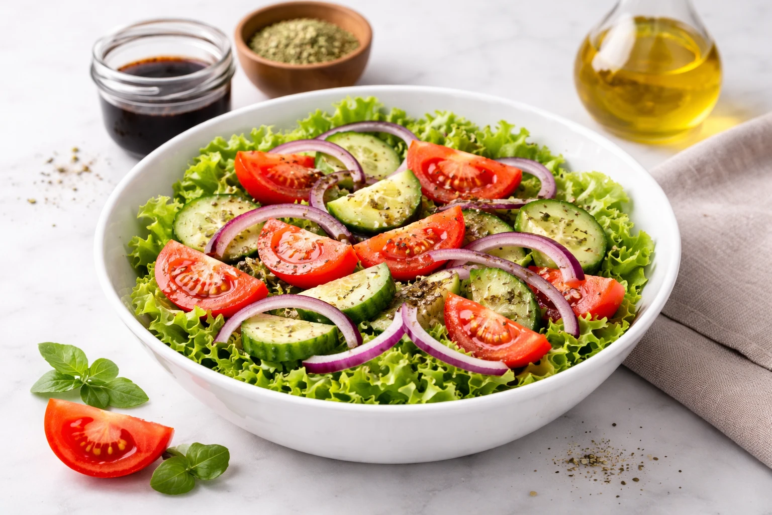 Ensalada muy f&aacute;cil con lechuga, pepino, zanahoria, cebolla y esp&aacute;rragos blancos, ali&ntilde;ada con aceite de oliva y vinagre bals&aacute;mico