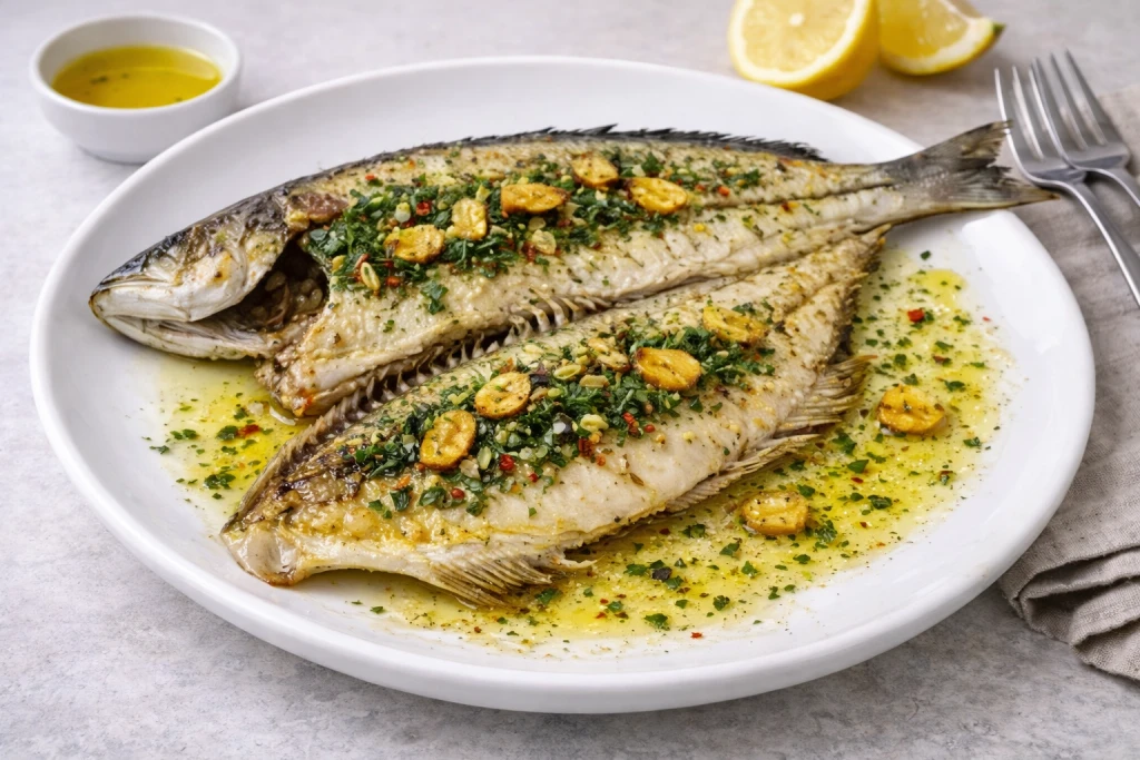 Lubina a la espalda a la plancha con piel crujiente, aceite de oliva y perejil, emplatada en plato blanco con fondo neutro.