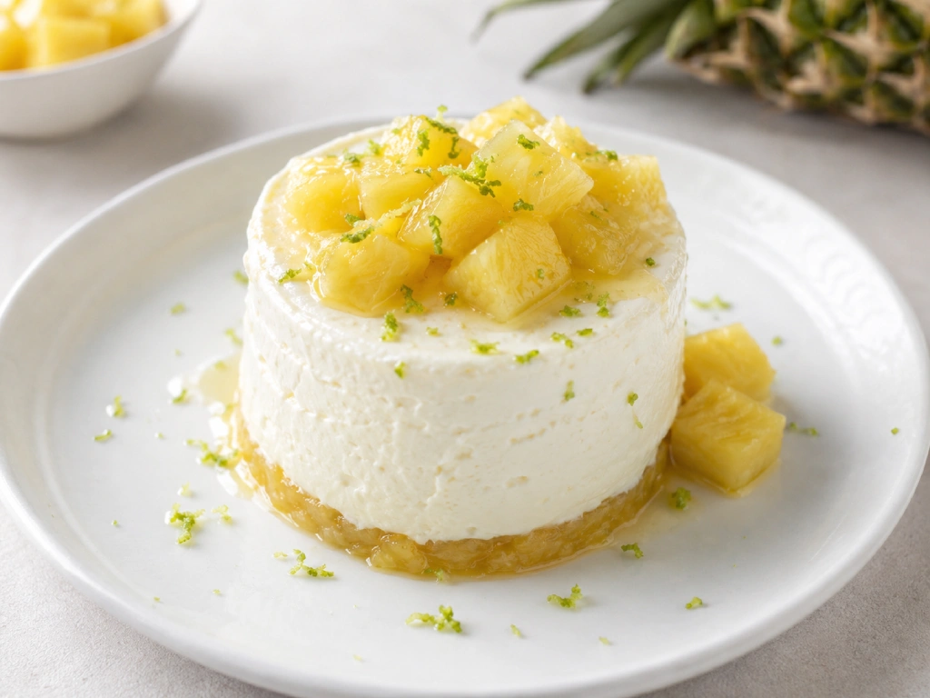 Pi&ntilde;a y queso fresco de Burgos en dados, servido en plato blanco con luz natural y estilo gourmet