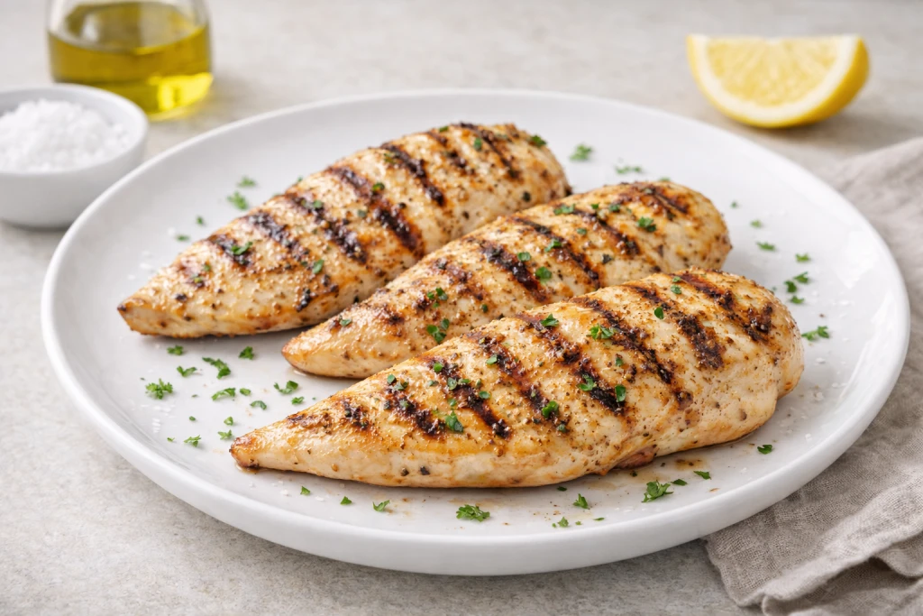 Pechuga de pollo a la plancha dorada con marcas de parrilla, sal y pimienta, servida en plato blanco con luz natural y fondo neutro.