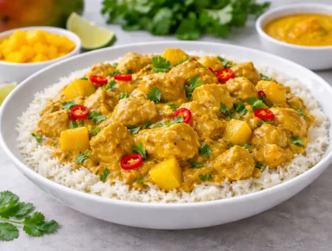Pollo al curry con salsa de mango con arroz basmati cocido, emplatado en plato blanco con luz natural y fondo neutro