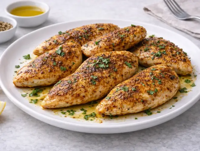 Pechuga de pollo con especias dorada en sart&eacute;n, jugosa por dentro y servida en plato blanco con fondo neutro.