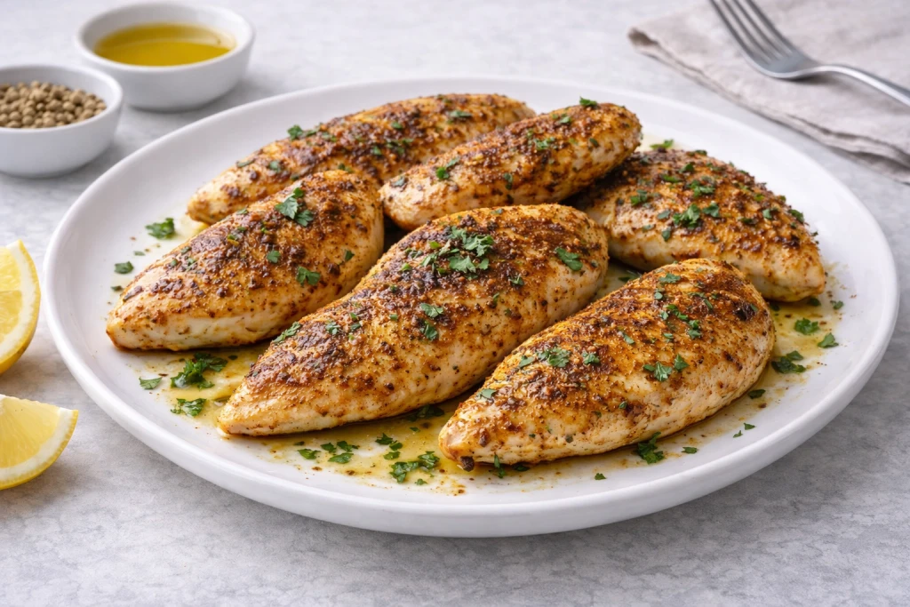 Pechuga de pollo con especias dorada en sart&eacute;n, jugosa por dentro y servida en plato blanco con fondo neutro.