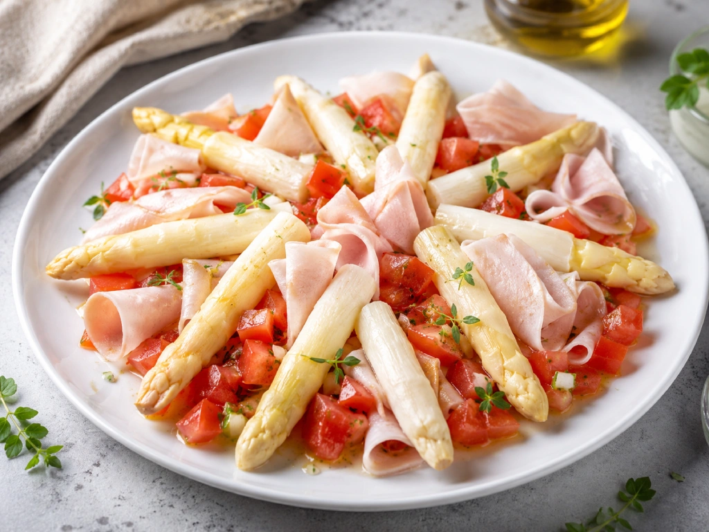 Tomate picado con esp&aacute;rragos blancos y fiambre de pavo con salsa de yogur, presentado en plato blanco con luz natural y estilo gourmet