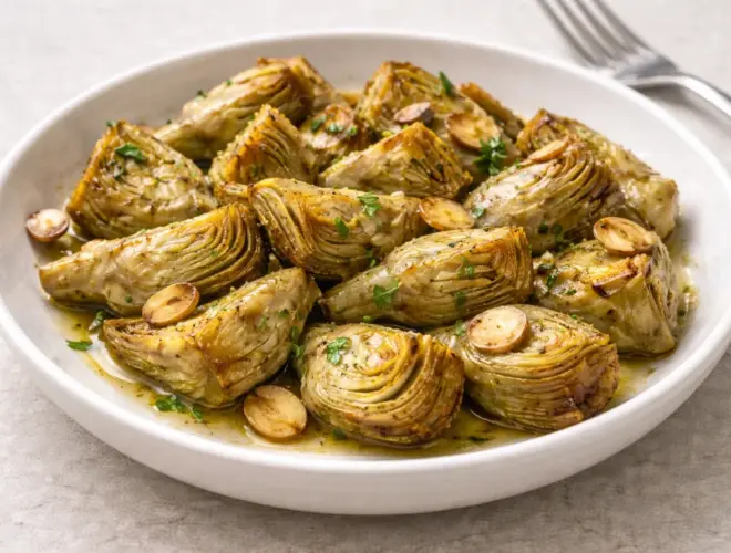 Alcachofas al ajillo doradas con l&aacute;minas de ajo y aceite de oliva, servidas en plato blanco con fondo neutro.