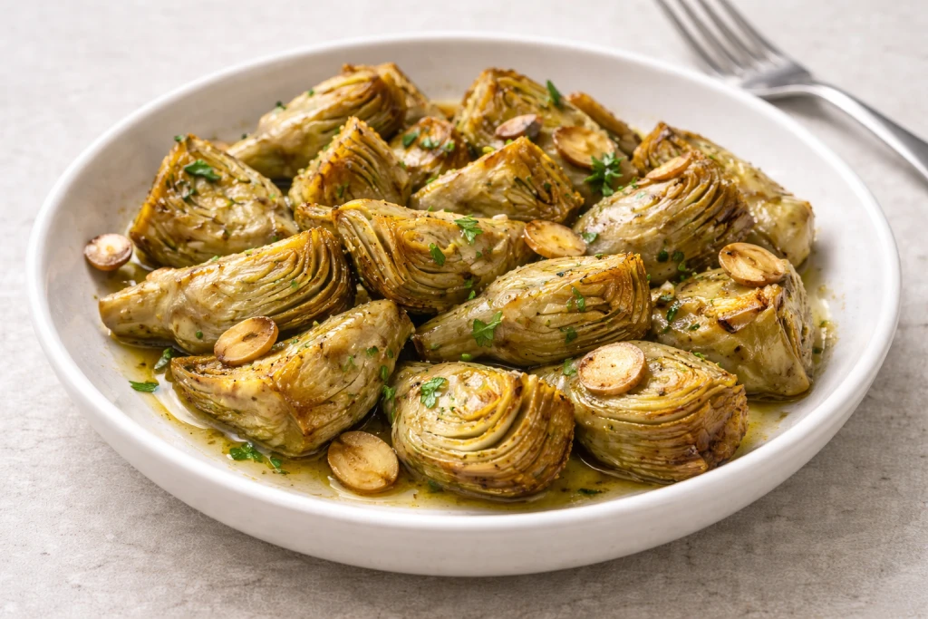 Alcachofas al ajillo doradas con l&aacute;minas de ajo y aceite de oliva, servidas en plato blanco con fondo neutro.