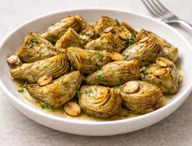 Alcachofas al ajillo doradas con l&aacute;minas de ajo y aceite de oliva, servidas en plato blanco con fondo neutro.