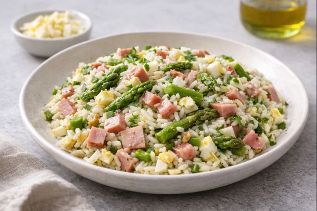 Arroz con jam&oacute;n y esp&aacute;rragos servido en plato cer&aacute;mico neutro, con esp&aacute;rragos verdes y huevo cocido, luz natural y acabado gourmet.