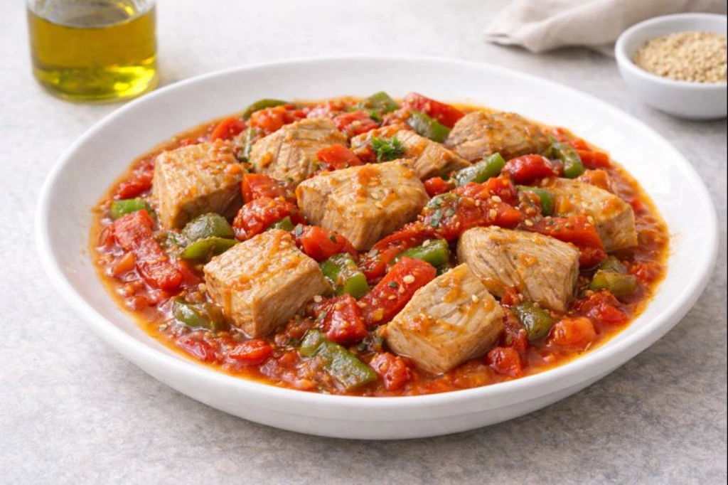 At&uacute;n con pimientos en salsa de tomate casera, con dados de pimiento rojo y verde y cebolla pochada, servido en plato blanco, fotograf&iacute;a luminosa y realista.