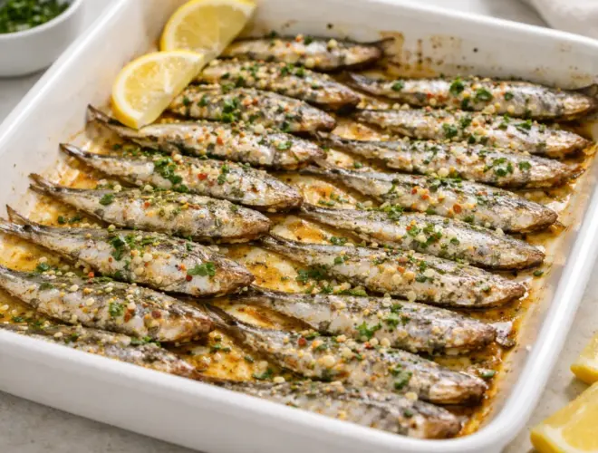 Boquerones al horno con ajo picado, perejil y aceite de oliva en fuente blanca, con acabado ligeramente dorado