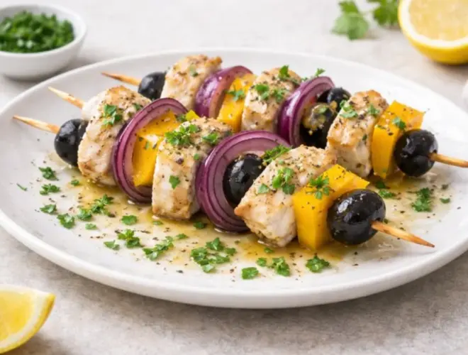 Brocheta de rape con cebolla morada y aceitunas servida en plato blanco, con dados de pimiento amarillo y perejil picado, fotograf&iacute;a luminosa y realista.