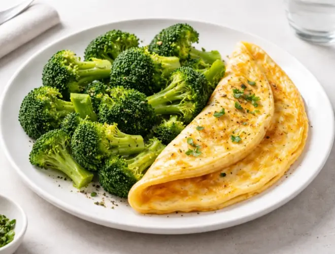 Brócoli al vapor servido con tortilla francesa jugosa y dorada, en plato blanco y luz natural, estilo gourmet y fondo neutro.