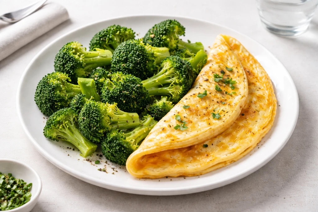 Br&oacute;coli al vapor servido con tortilla francesa jugosa y dorada, en plato blanco y luz natural, estilo gourmet y fondo neutro.