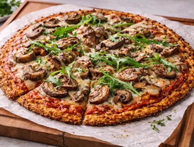 Pizza con base de coliflor con salsa de setas shiitake, champi&ntilde;ones laminados, taquitos de pavo y queso gratinado, presentada sobre papel de horno con luz natural.