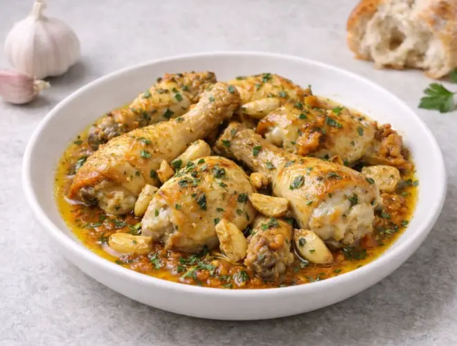 Pollo al ajillo tradicional con piezas doradas de pollo, ajos enteros y salsa de aceite de oliva con perejil fresco.